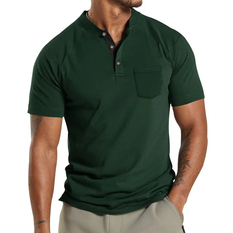 Plus size men's short sleeve button shirt with chest pocket in solid colour polyester fabric