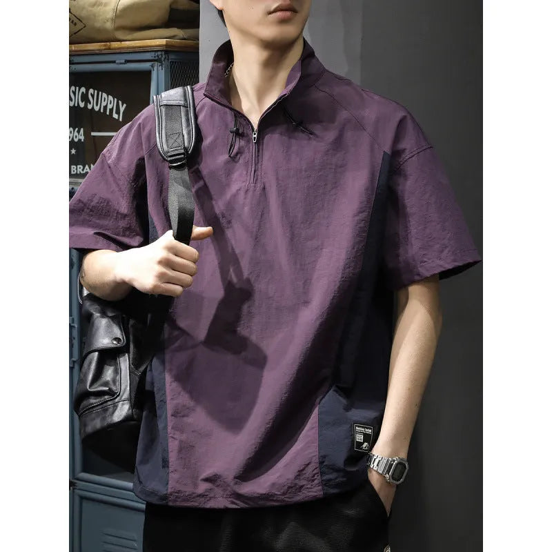 Men's brown Ice Silk business shirt with half-zip stand collar and short sleeves