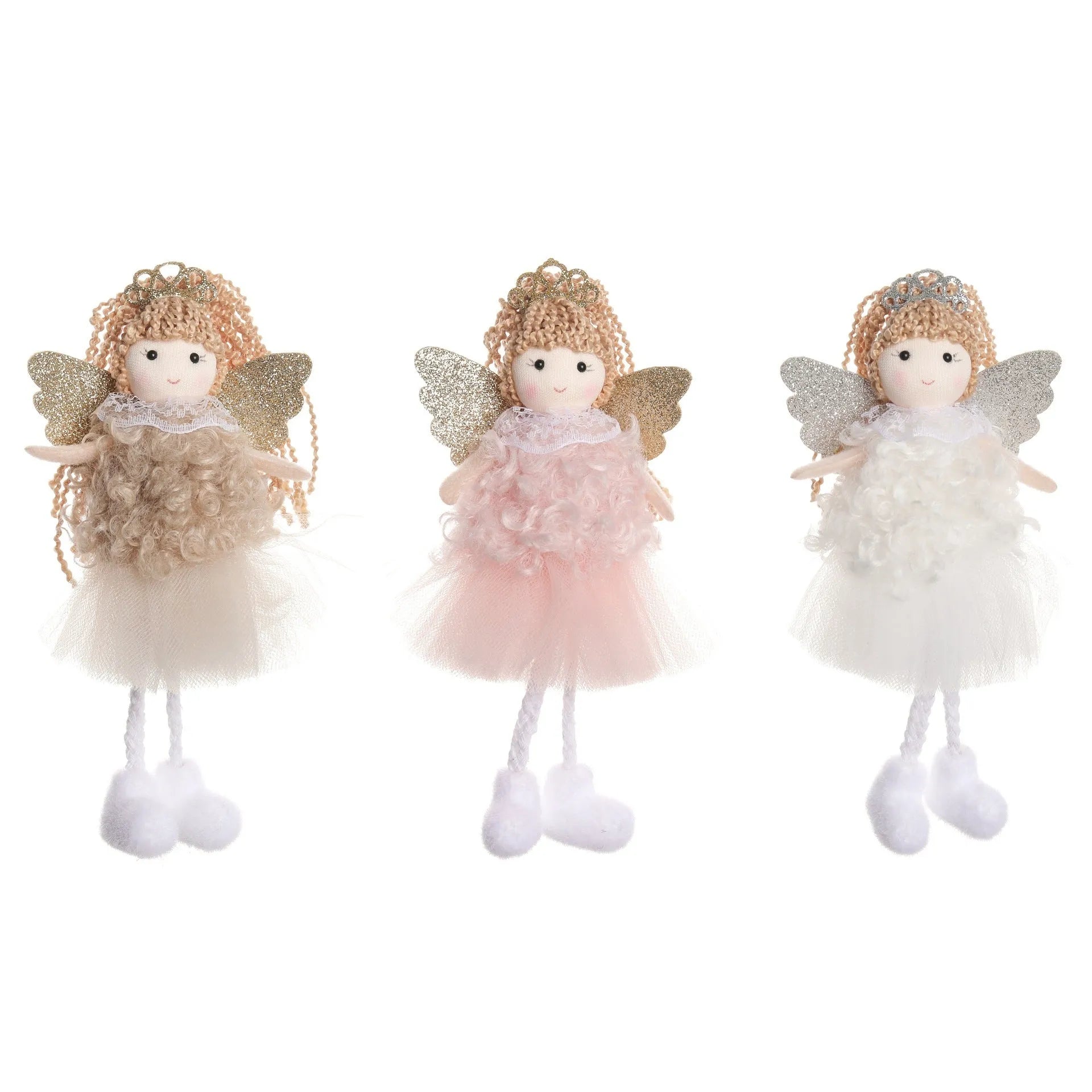 Christmas angel girl cloth pendant with high ponytail and crown in white pink or khaki