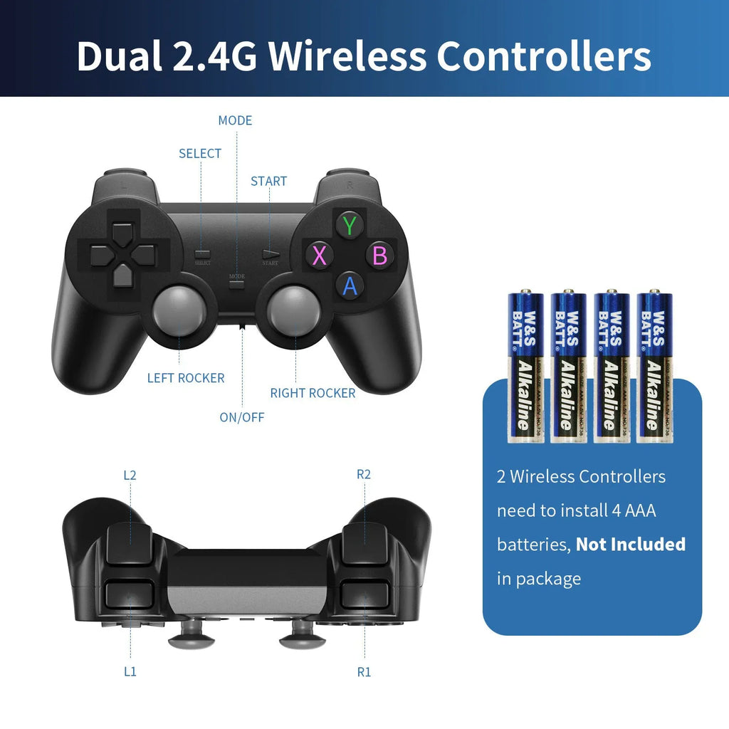 HD Home wireless retro game console with handle controller on a table next to a TV.