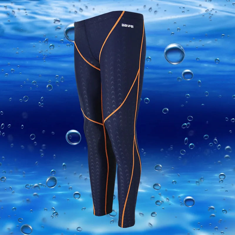 Men's nylon swimming trunks in briefs style with elastic waistband and striped designs in black, grey, green, blue and orange colour combinations