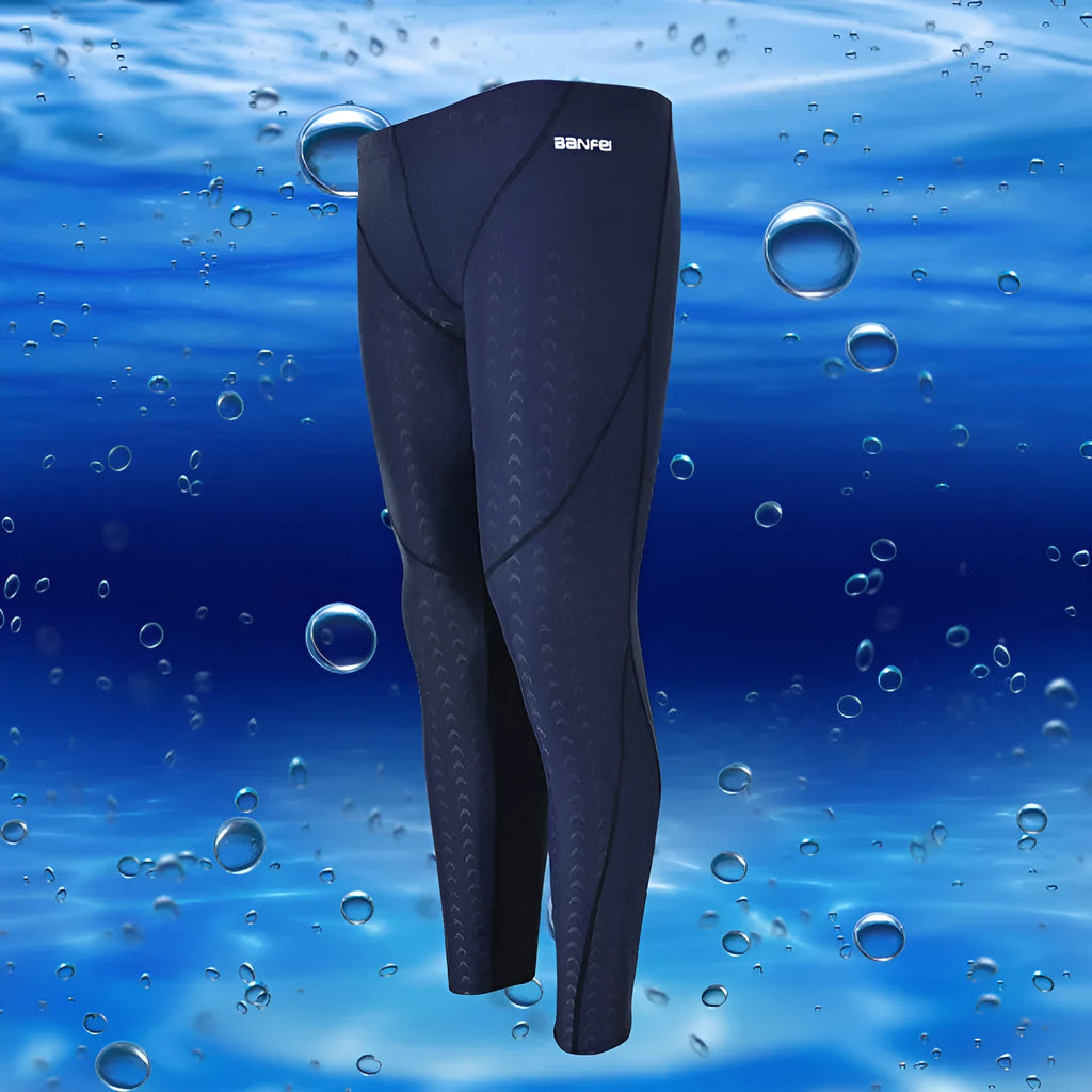 Men's nylon swimming trunks in briefs style with elastic waistband and striped designs in black, grey, green, blue and orange colour combinations