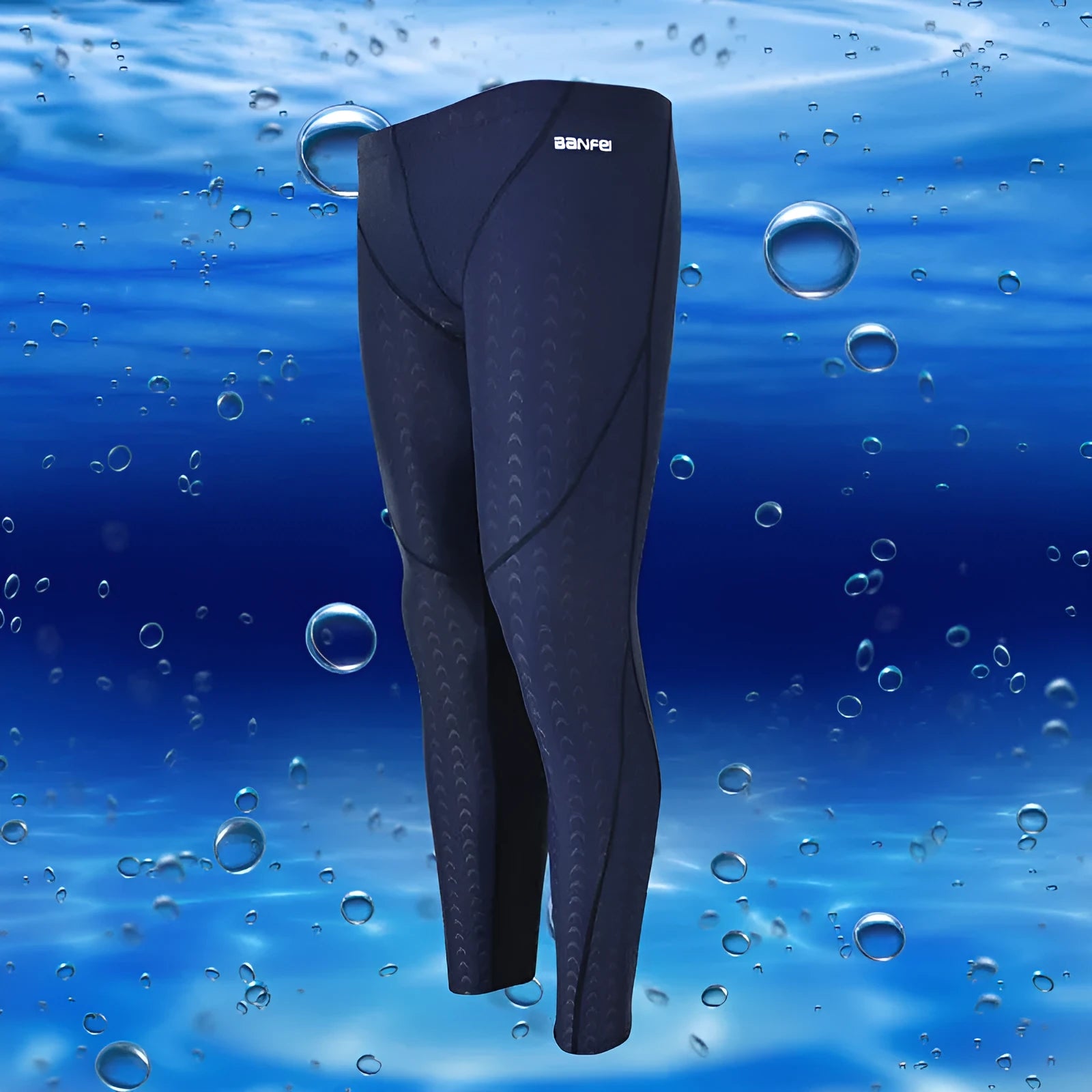 Men's nylon swimming trunks in briefs style with elastic waistband and striped designs in black, grey, green, blue and orange colour combinations