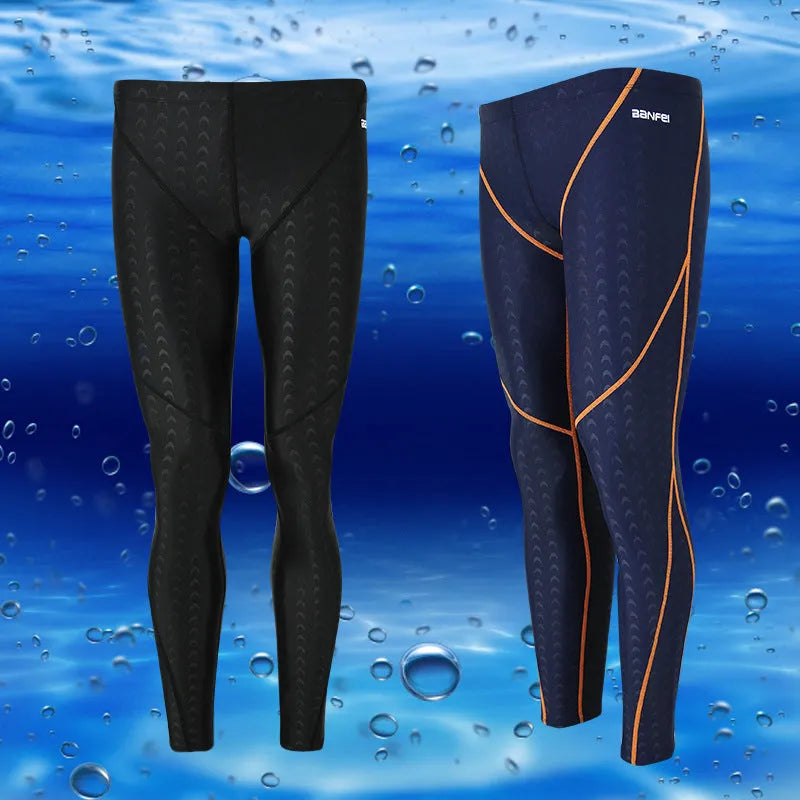 Men's nylon swimming trunks in briefs style with elastic waistband and striped designs in black, grey, green, blue and orange colour combinations