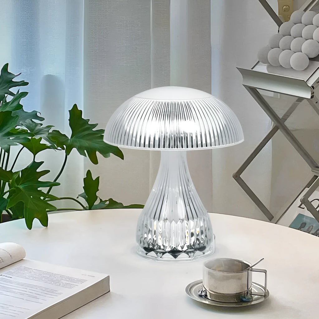 Rechargeable three-colour changing bedside lamp with plastic holder and acrylic body