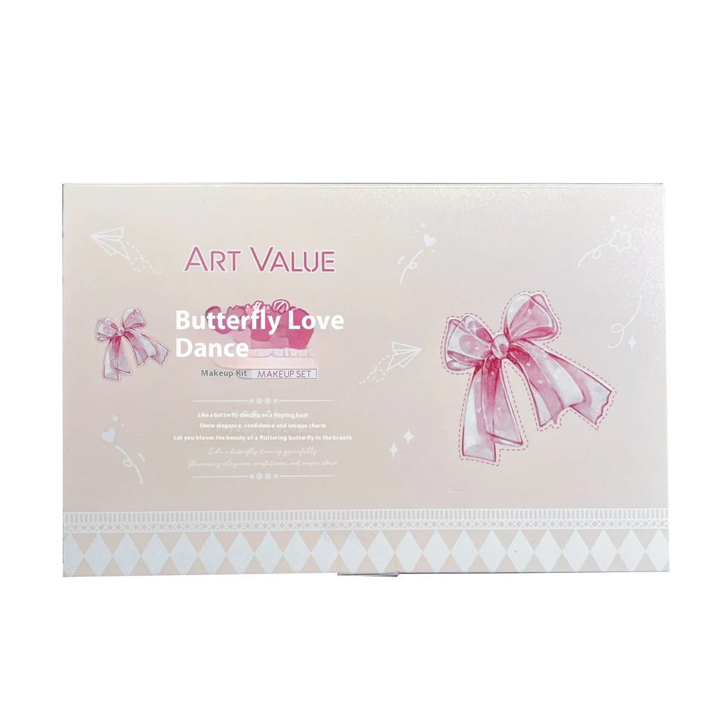 Butterfly Box makeup set with four matte lip muds, powder blusher compact and necklace in pink