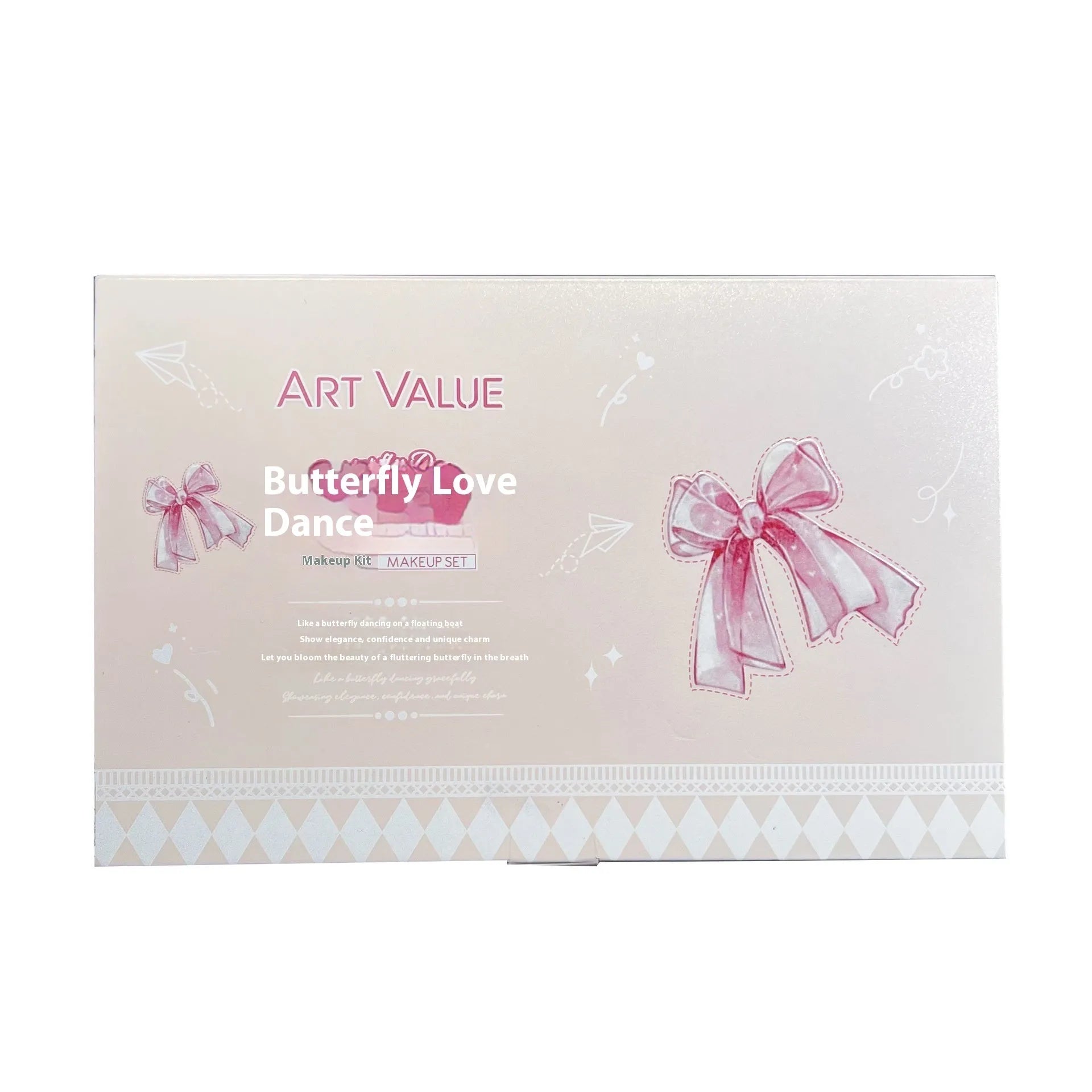 Butterfly Box makeup set with four matte lip muds, powder blusher compact and necklace in pink