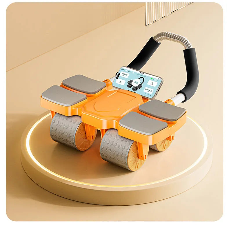 Black abdominal wheel with automatic rebound mechanism and four wheels for core exercises
