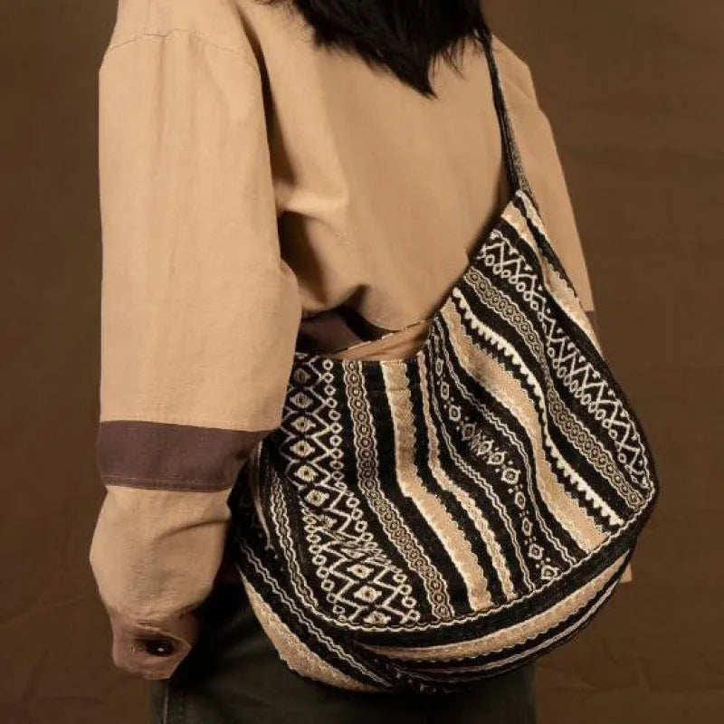 Vintage jacquard striped corduroy messenger bag with adjustable plaid strap and zippered closure