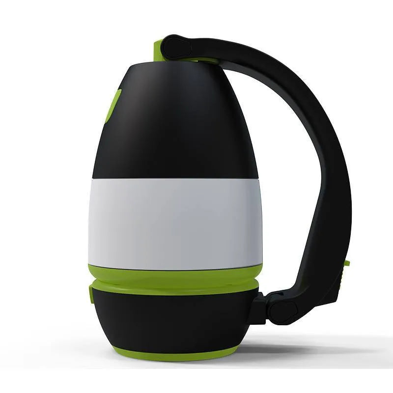 Black green multifunctional LED lamp in folded position showing USB charging port and adjustable head
