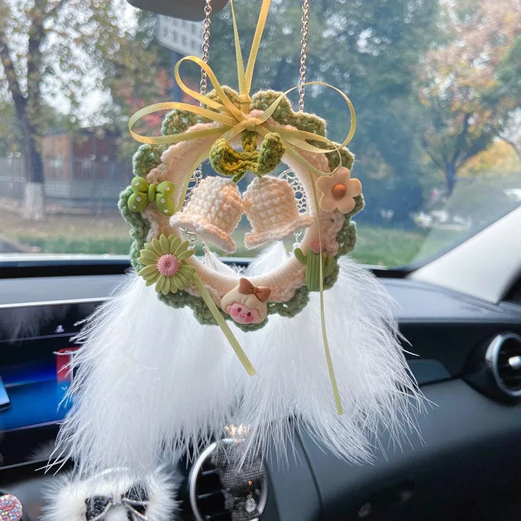 Handmade woven wool bell orchid car pendant in multiple colour options