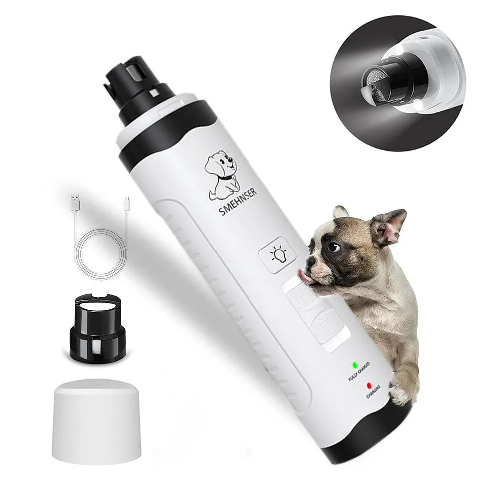 Electric dog nail trimmer with LCD display showing power levels and dust collection system