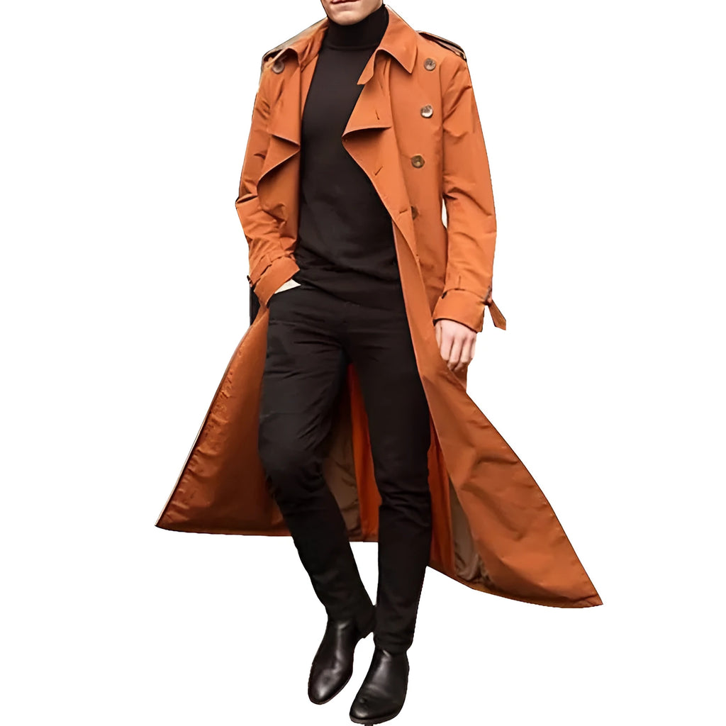 Men's long trench coat with epaulettes in khaki colour, polyester blend fabric, full-length front view