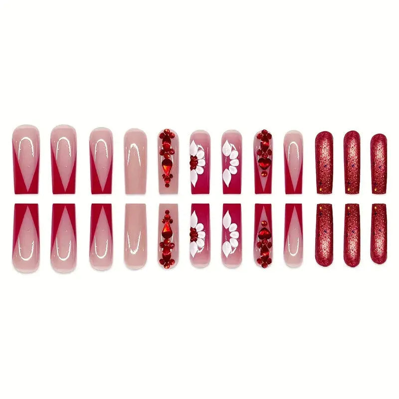 Sweet flowers temperament prismatic red diamond design on long European square artificial nails