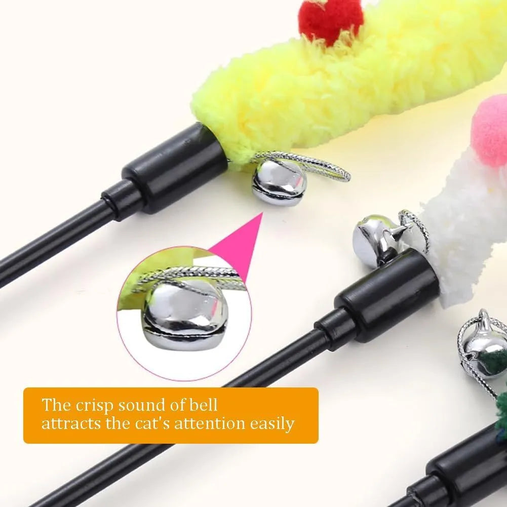 Blue interactive cat wand toy with plush strip, fluffy ball, and bell on a 41cm pole.