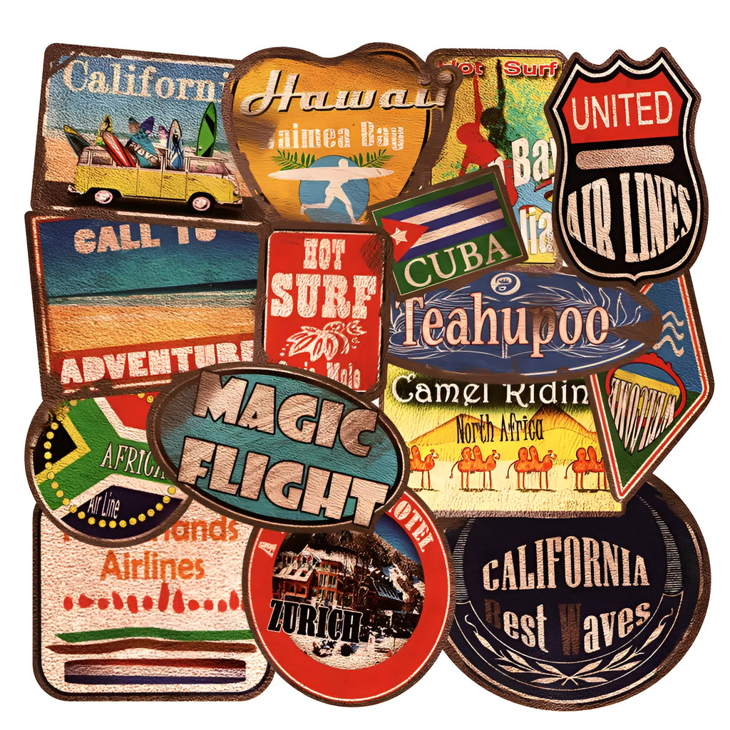 Set of 36 retro beach themed waterproof PVC stickers with matte finish, sizes 6-10cm