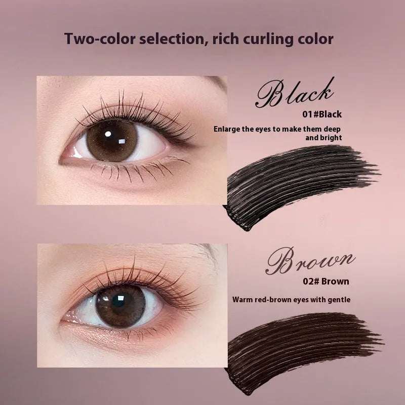 Long curling mascara tube in black and brown colour options for defined eyelashes