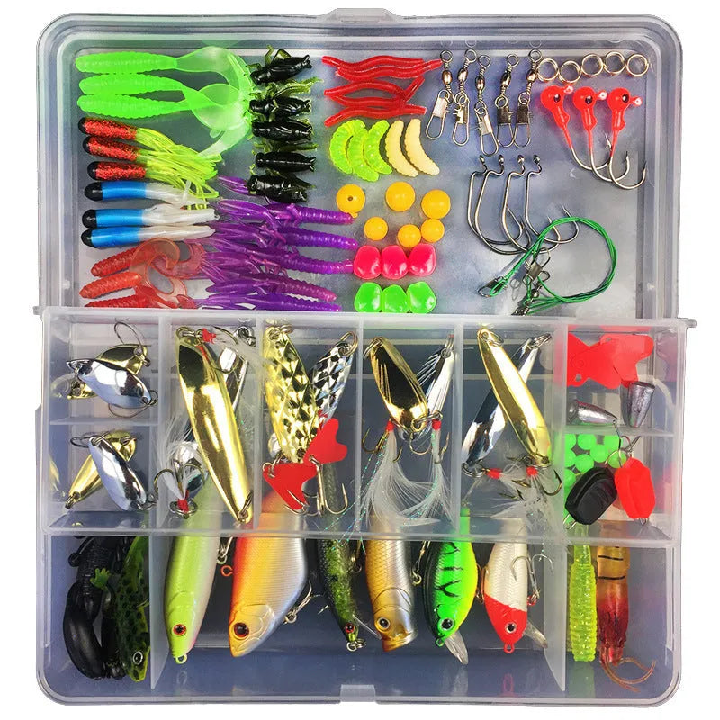 Junior fishing lure suit with PP storage box containing soft plastic baits in 28 to 106 piece size options