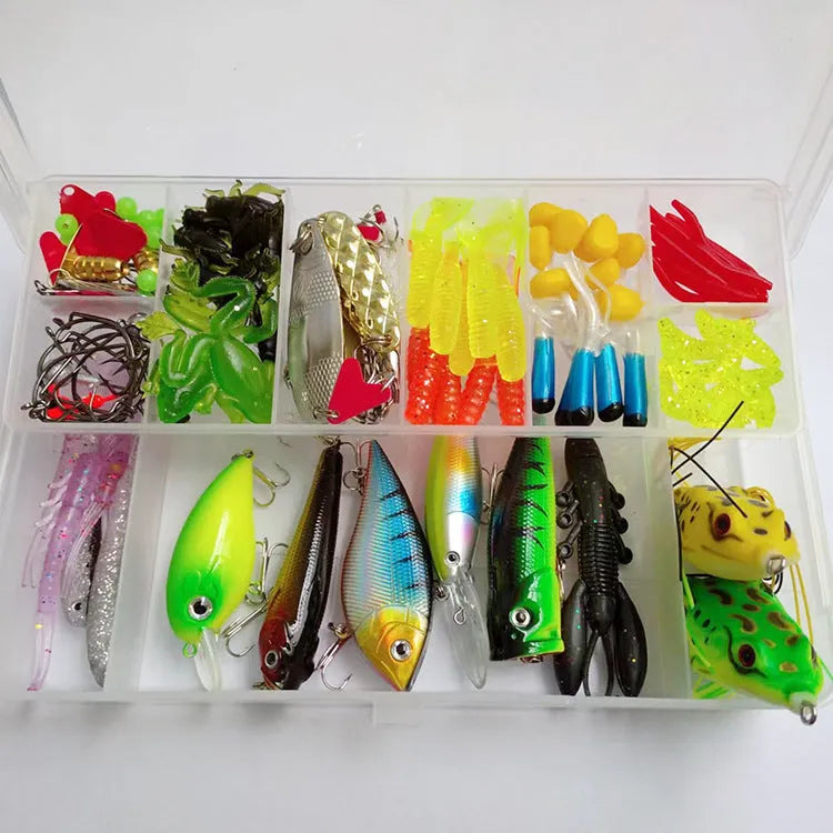 142-piece fishing lure set showing hard minnow lures with sequins, various baits, and fishing pliers in tackle box
