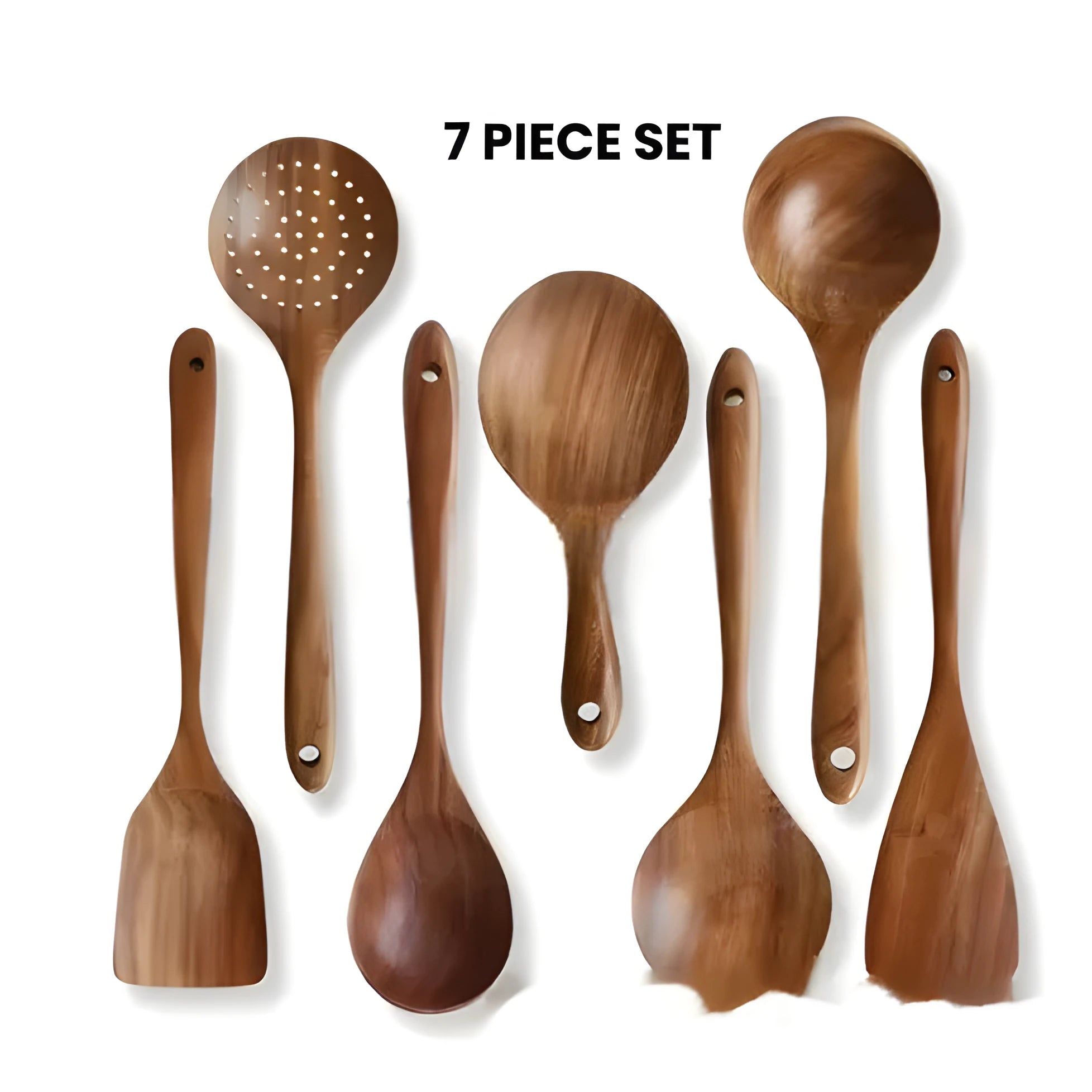 Wooden 7-piece kitchen utensil set including spatula and soup spoon in box suit packaging.