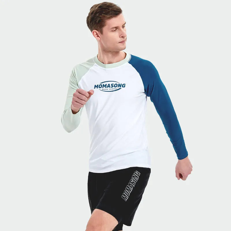 Men's white long sleeve swim top and matching swim trunks set on a mannequin