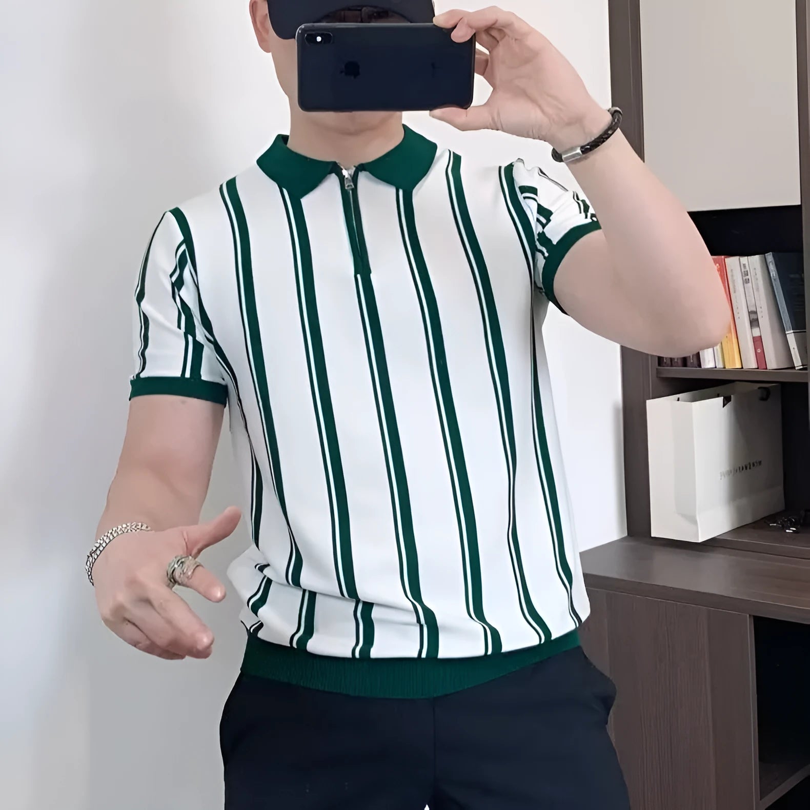 Korean style vintage stripe zipper half-sleeved casual t-shirt for men in loose fit black colour