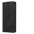 Magnetic leather and TPU flip phone case for iPhone shown in black, blue, and brown colours.
