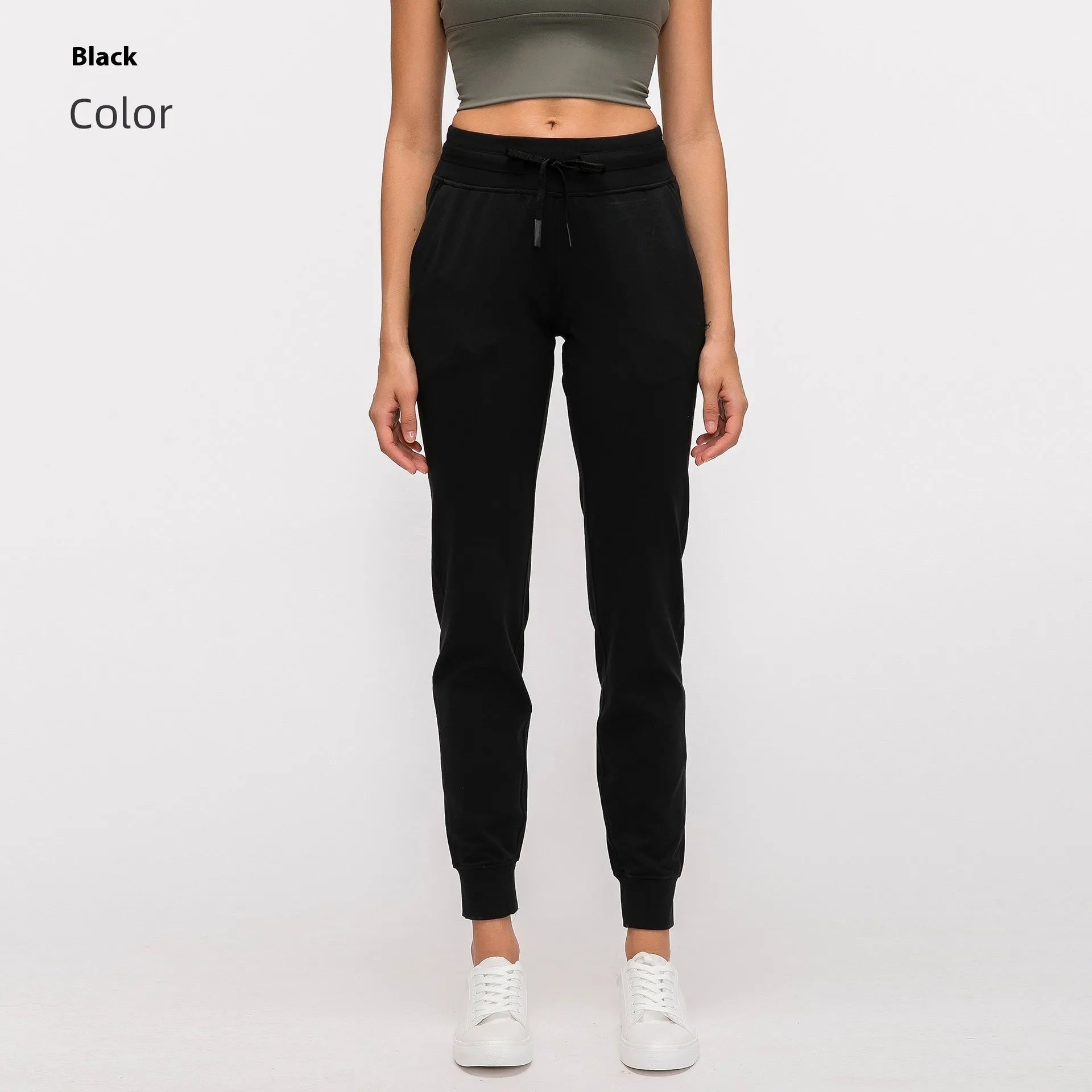 Women's high waist yoga pants in cotton blend fabric with drawstring waist in Belgian Blue colour