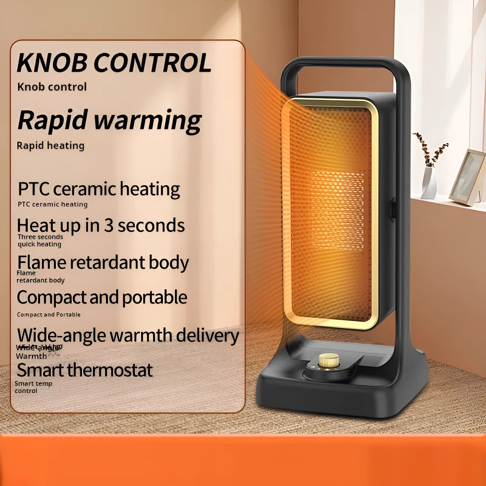 Black HQ-500A PTC ceramic desk heater with control knob on a desktop.