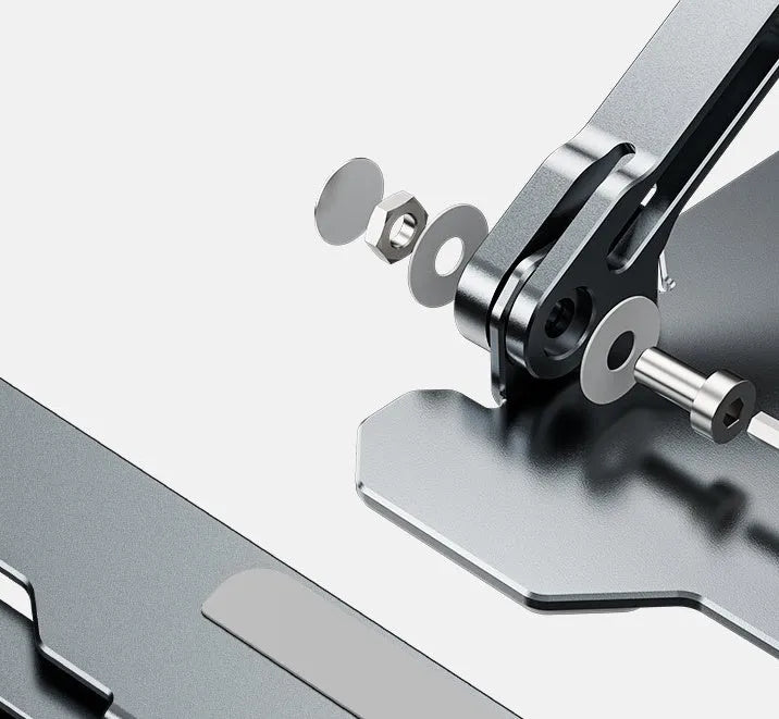 Aluminum adjustable laptop stand in folded and extended positions showing hollow design