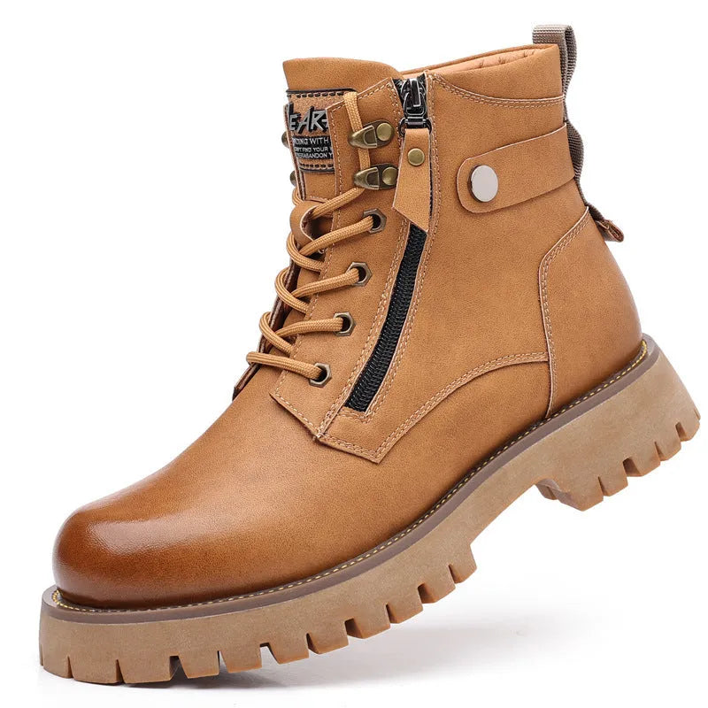 Men's brown high-top leather Martin boots with side zipper and mid heel