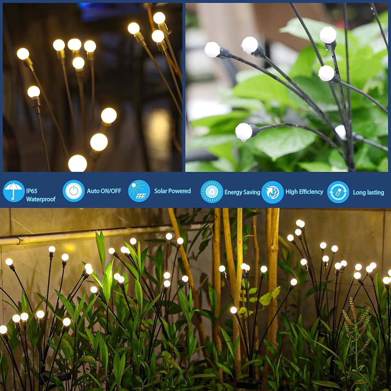 Solar-powered LED ground spike garden light with multiple heads and stainless steel soil plug.