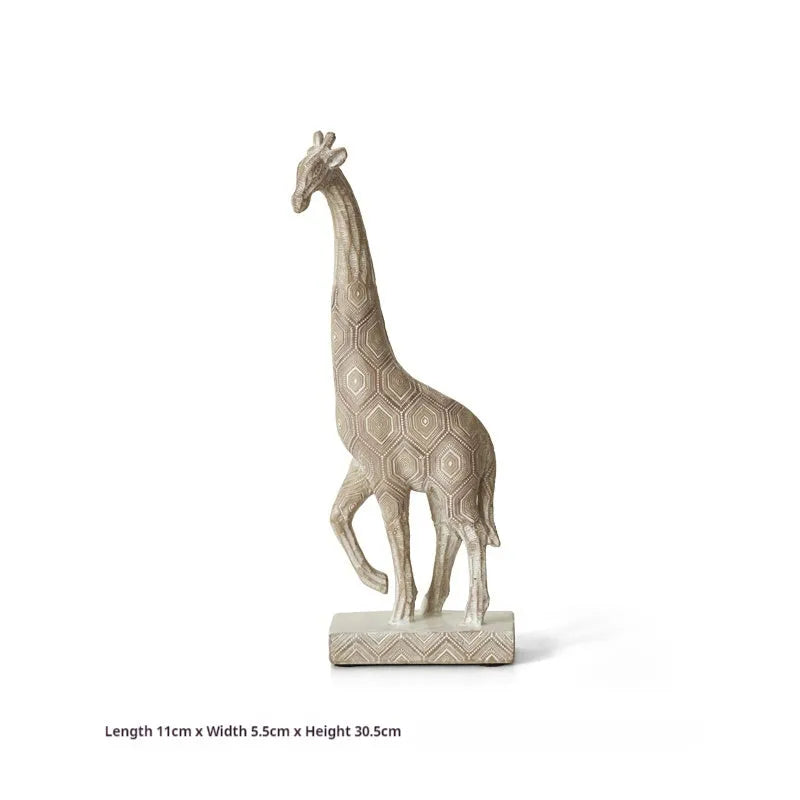 Wood colour giraffe resin ornament on a shelf, showing European style sculptural details.