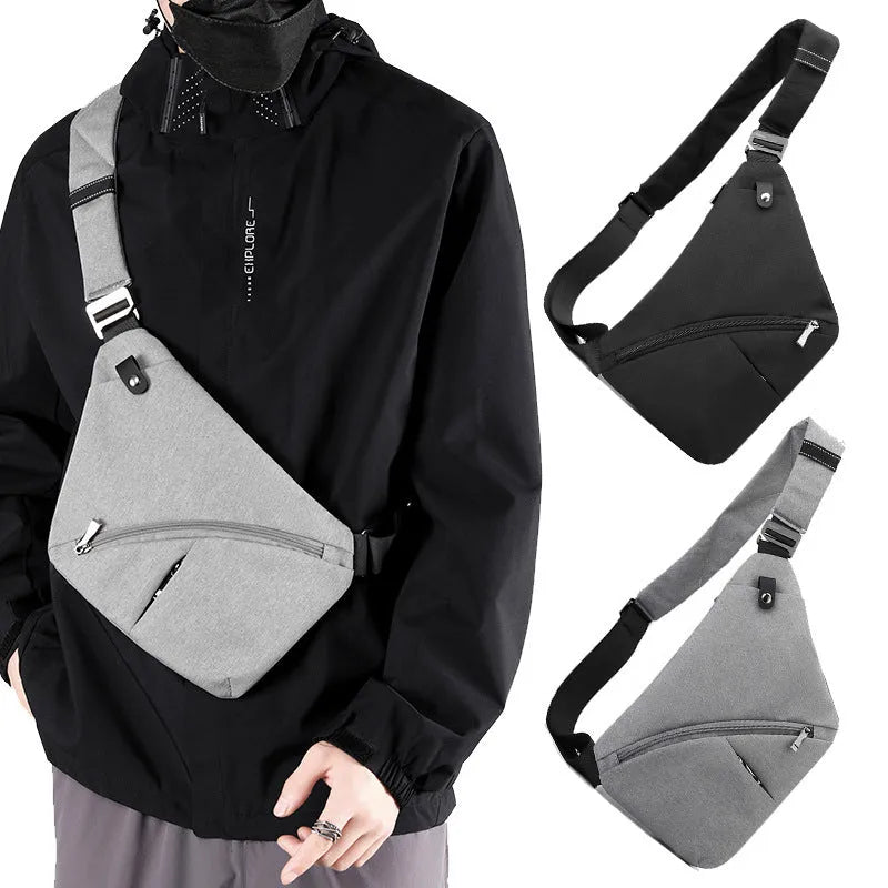 Men's grey oxford cloth chest bag with letter accents and single shoulder strap