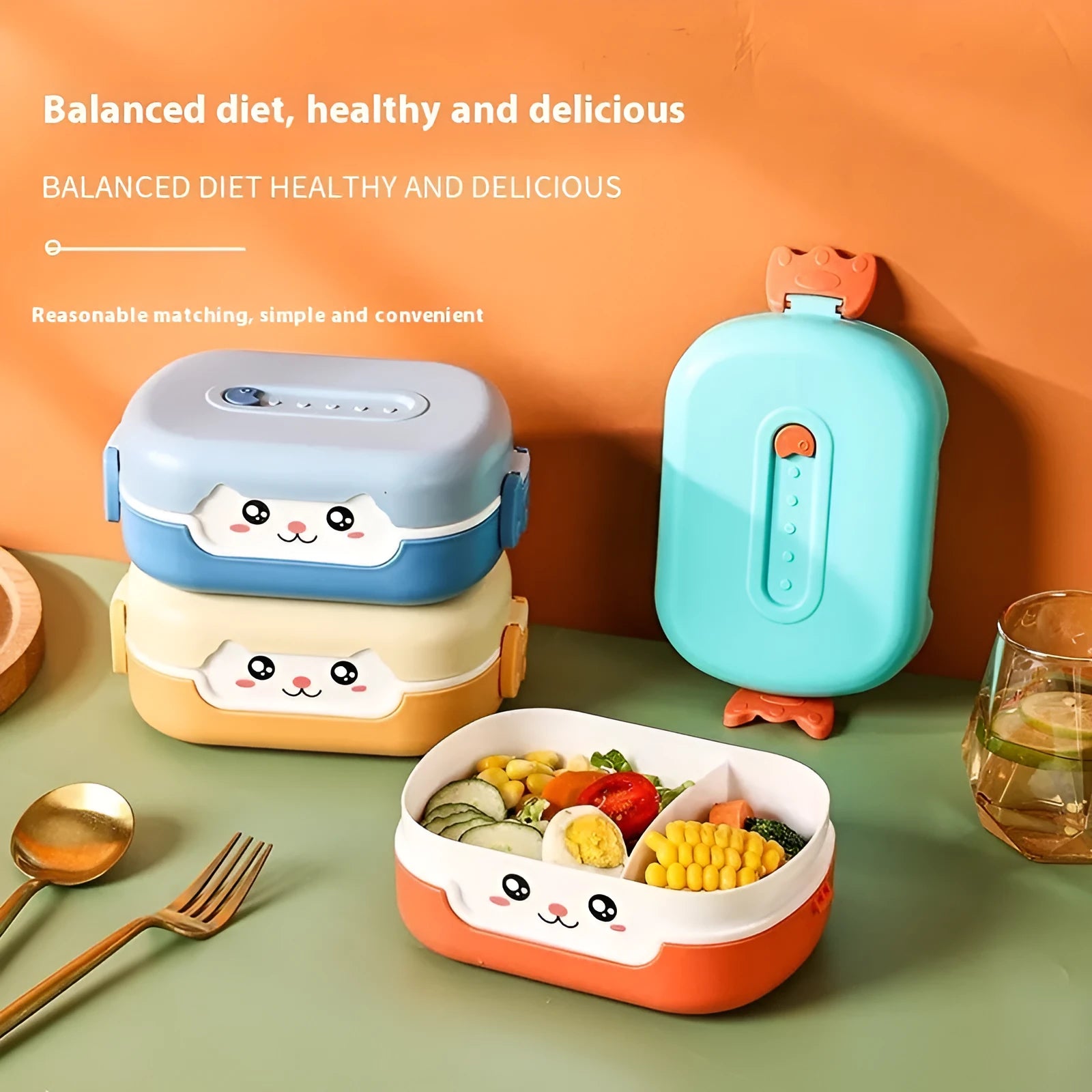 Square plastic divided lunch box in dark blue, orange yellow, or pink and green with microwave-safe symbol