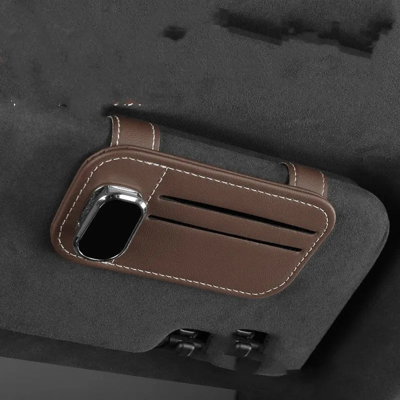 Cowhide leather car sun visor card holder with glasses clip in choice of five colours.