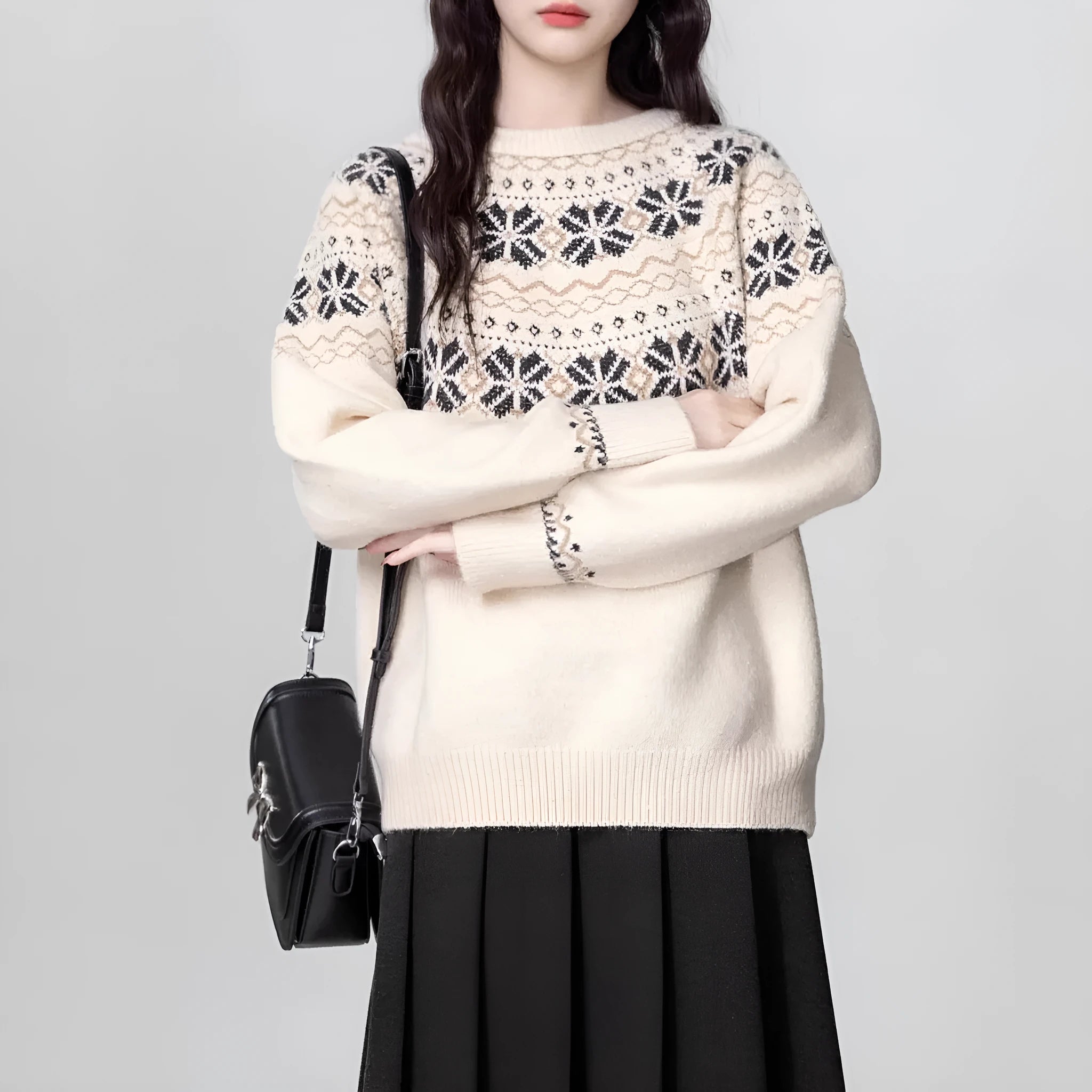 Women's milky white fair isle patterned pullover sweater with geometric design and regular sleeves