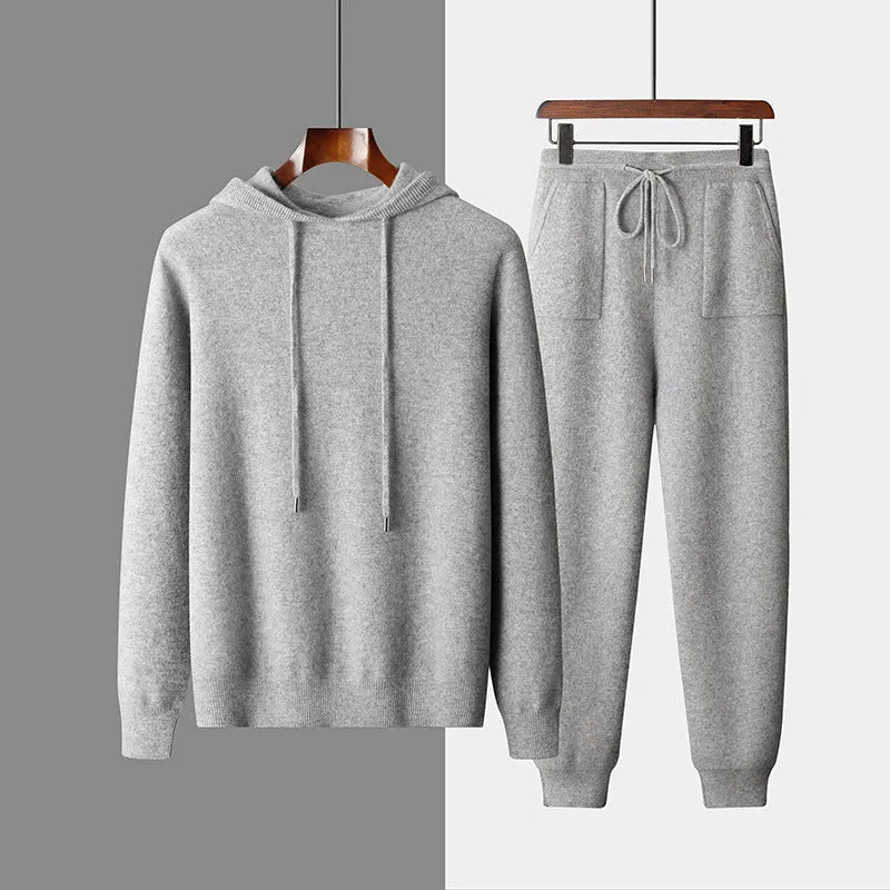 Men's light grey cashmere hooded sweatshirt and matching trousers leisure set on hanger