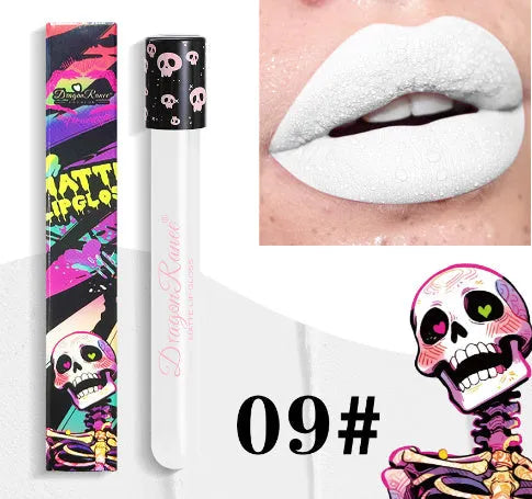 Halloween retro matte lip gloss in test tube skull packaging showing gold silver colours