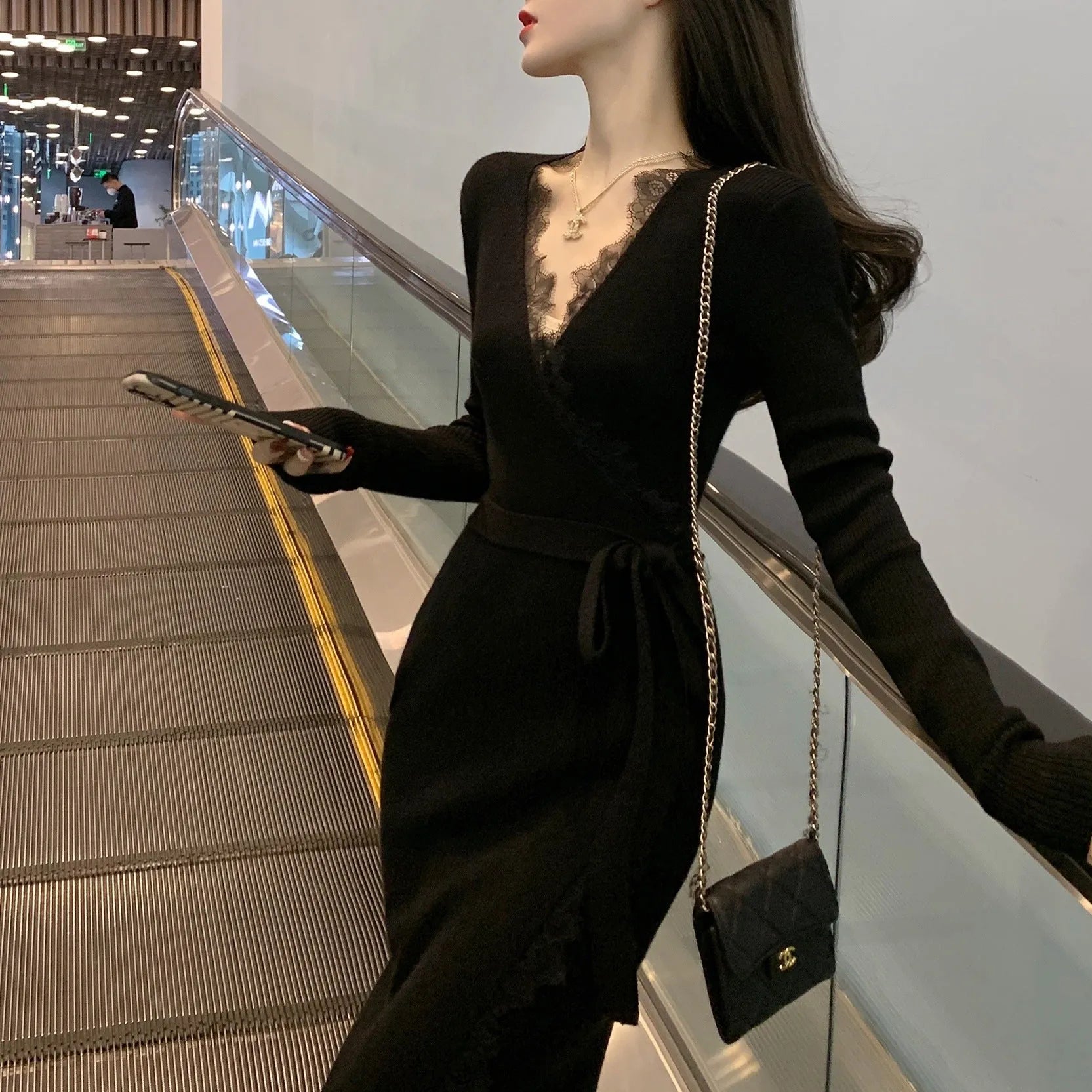 Black women's woolen skirt with princess dress silhouette and slim fit design