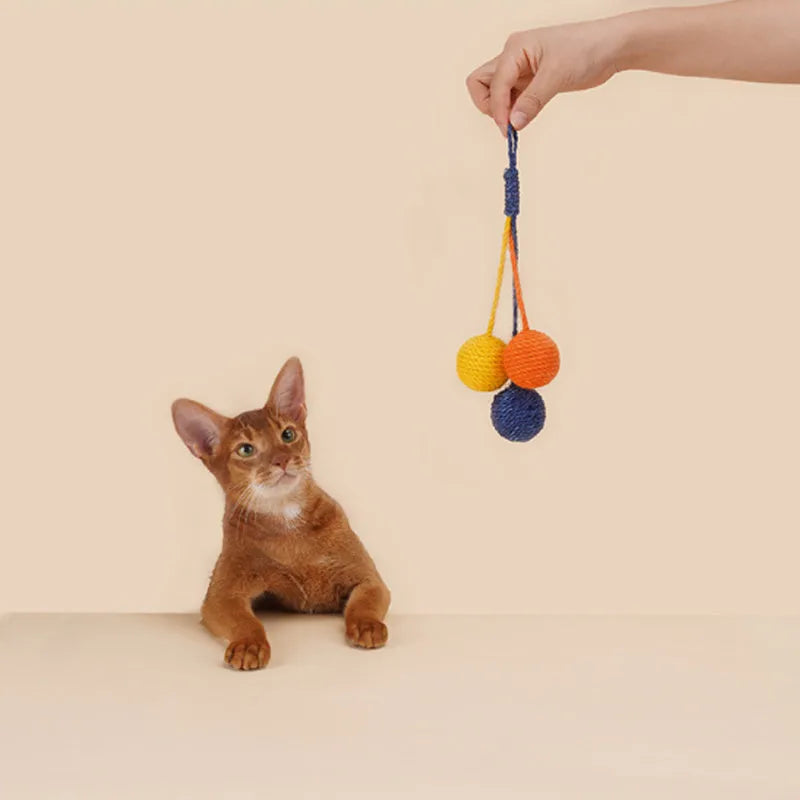 Cat toy set with teaser stick and bite-resistant catnip ball in blue, green, and red yellow blue colours