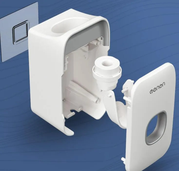 Automatic touchless toothpaste dispenser in blue colour mounted on a bathroom wall.