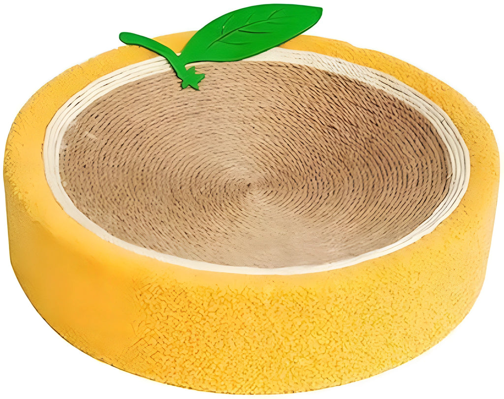 Round orange fruit-shaped cat scratching board with sisal surface and concave sleeping centre