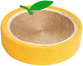 Round orange fruit-shaped cat scratching board with sisal surface and concave sleeping centre
