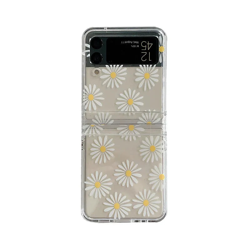 Samsung Galaxy Flip phone case with flower pattern and folding screen protector in clear PC material