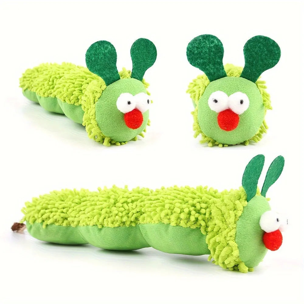 Green interactive plush cat toy pillow on a white background, showing its 24cm length.