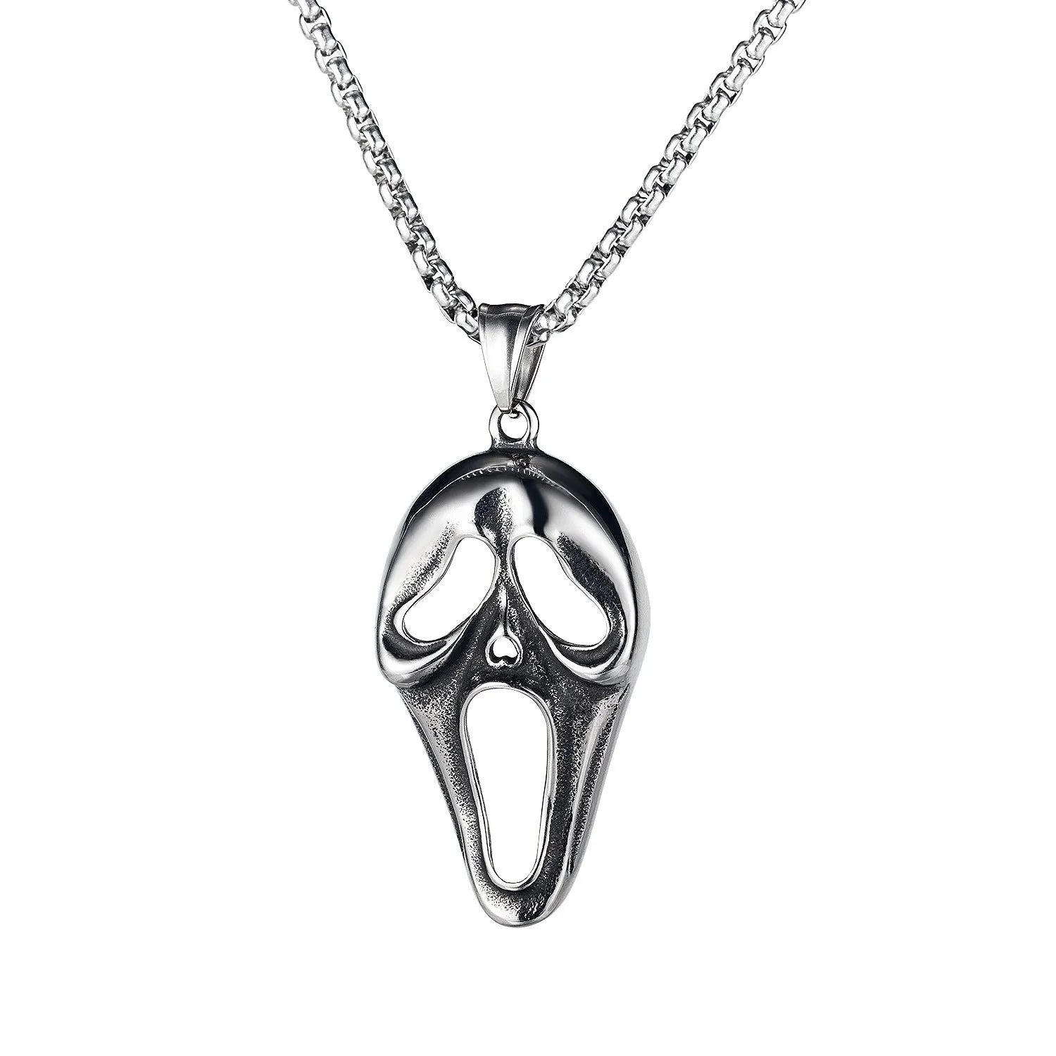 Men's silver stainless steel necklace with an alloy skull pendant on a chain.