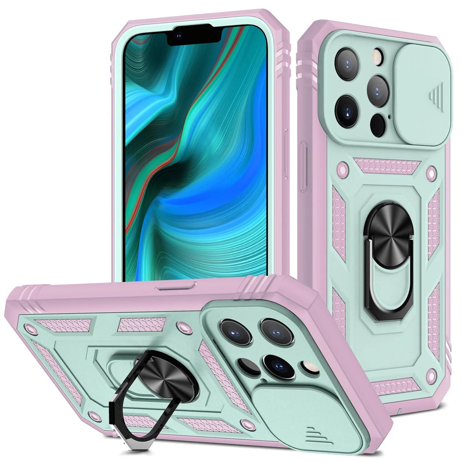 Magnetic mobile phone case with sliding window bracket in sapphire blue and grey green for Apple iPhone