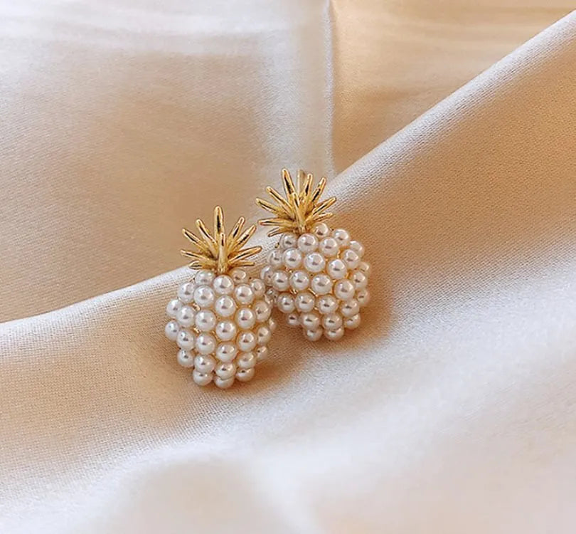 Korean style pineapple starfish pearl earrings with artificial gem inlays in gold, silver colours
