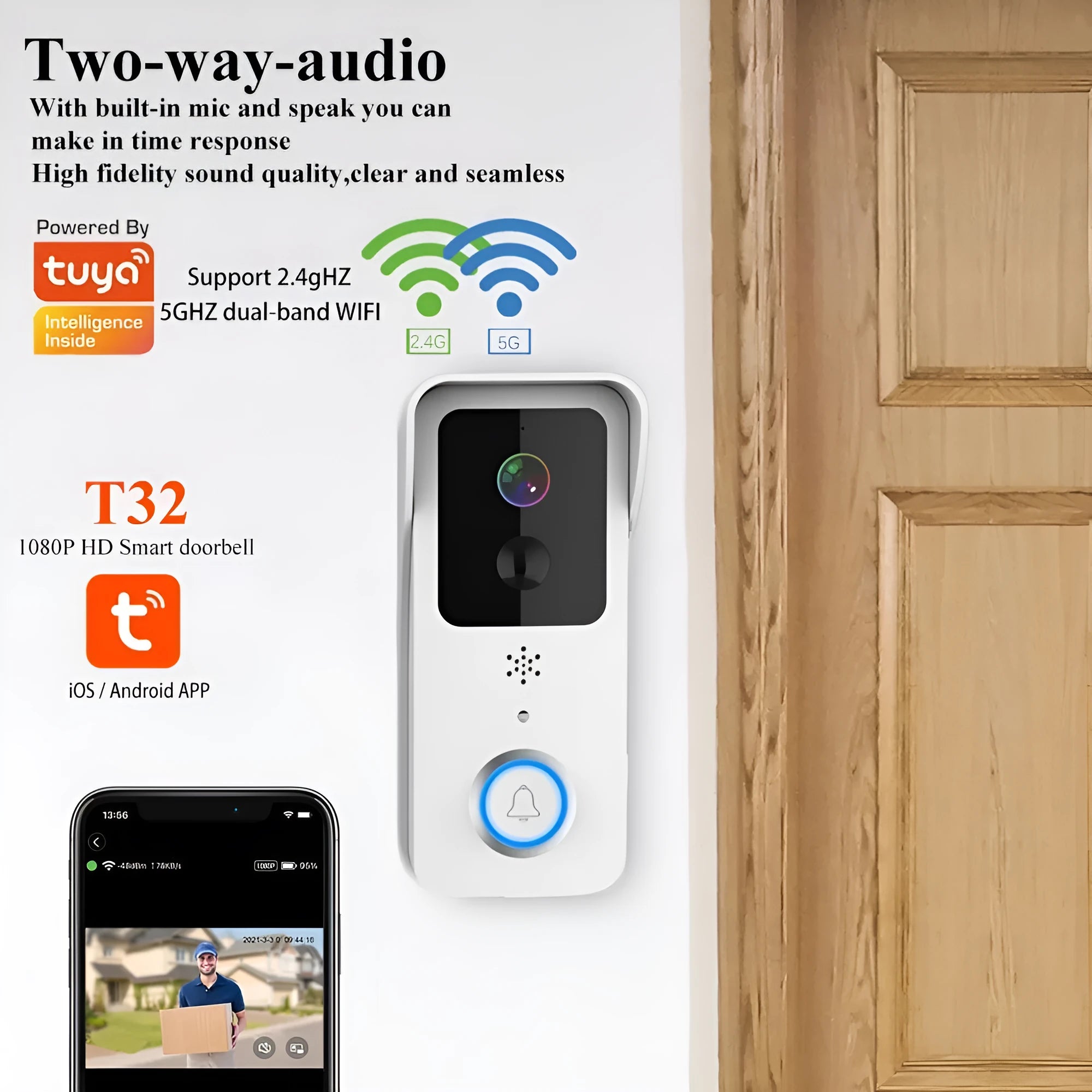 Black or white smart waterproof visual doorbell for remote home security